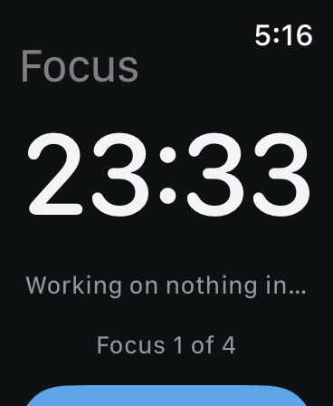 A Quartz focus session on the Apple Watch face, with the task and the position in the cycle beneath the countdown