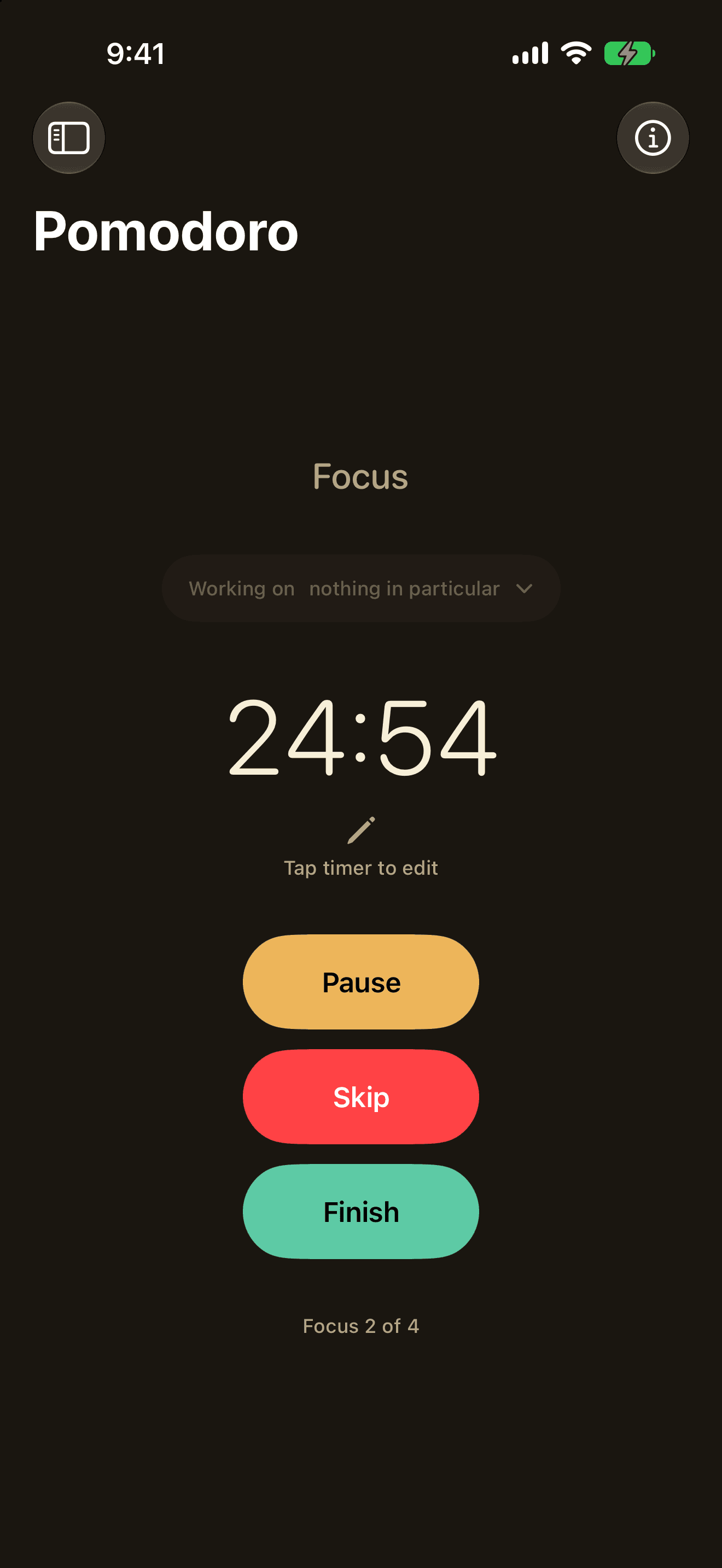 Quartz running a Pomodoro focus session on iPhone, showing a large countdown timer