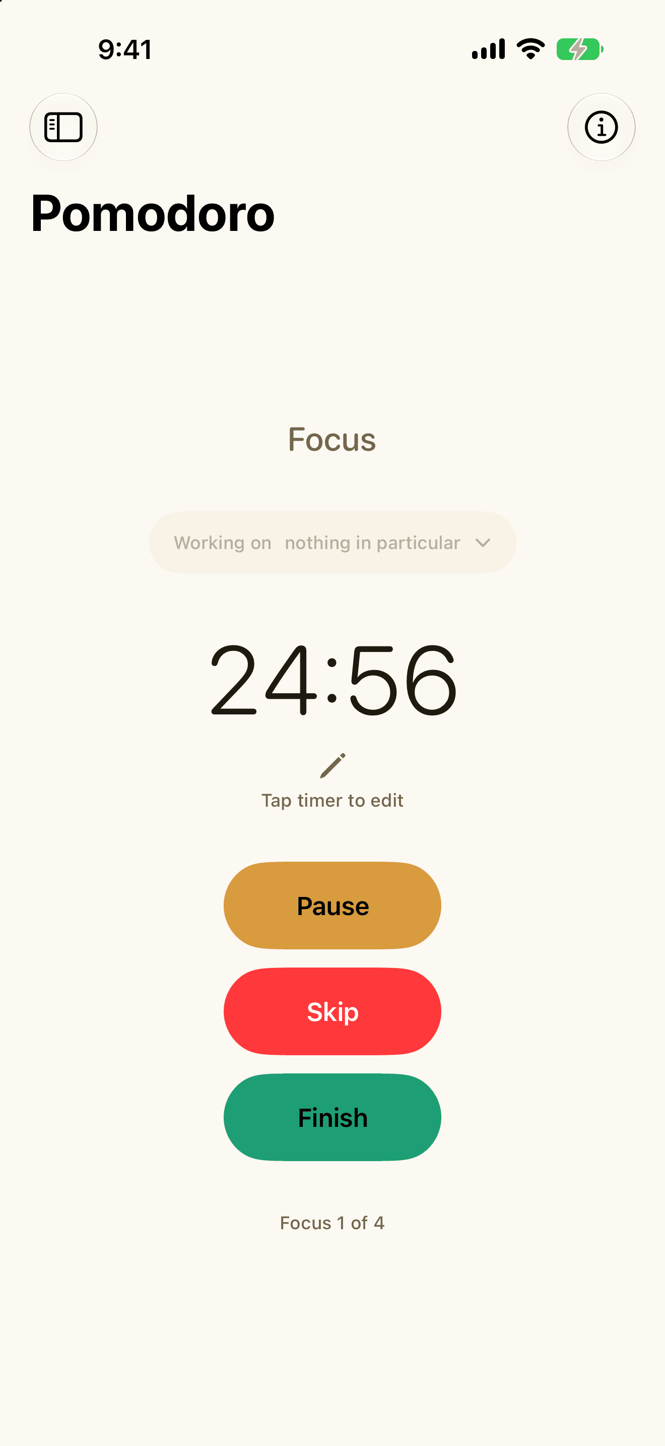 Quartz running a Pomodoro focus session on iPhone, showing a large countdown timer