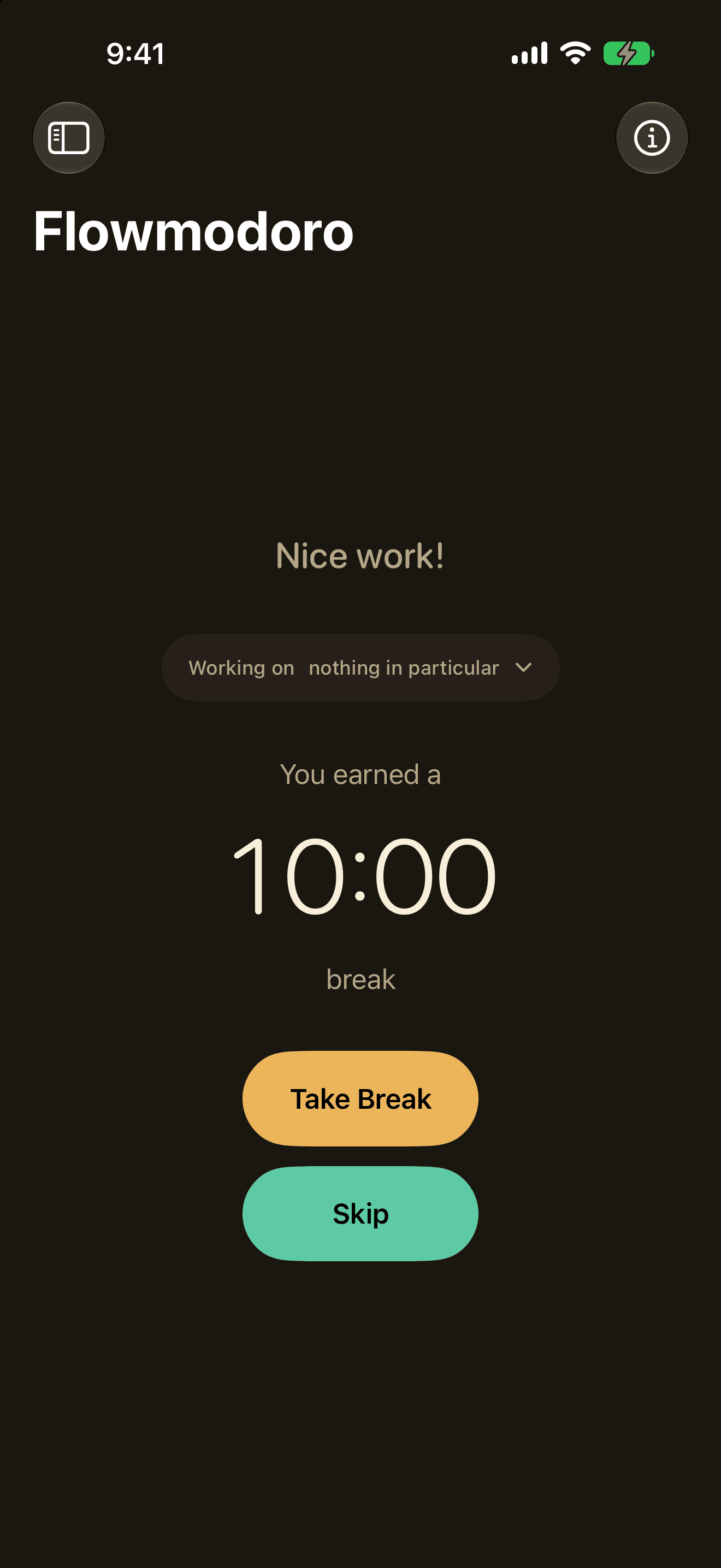 Quartz on iPhone offering the break a Flowmodoro session earned — Nice work!, then You earned a 2:00 break, with buttons to take the break or skip it