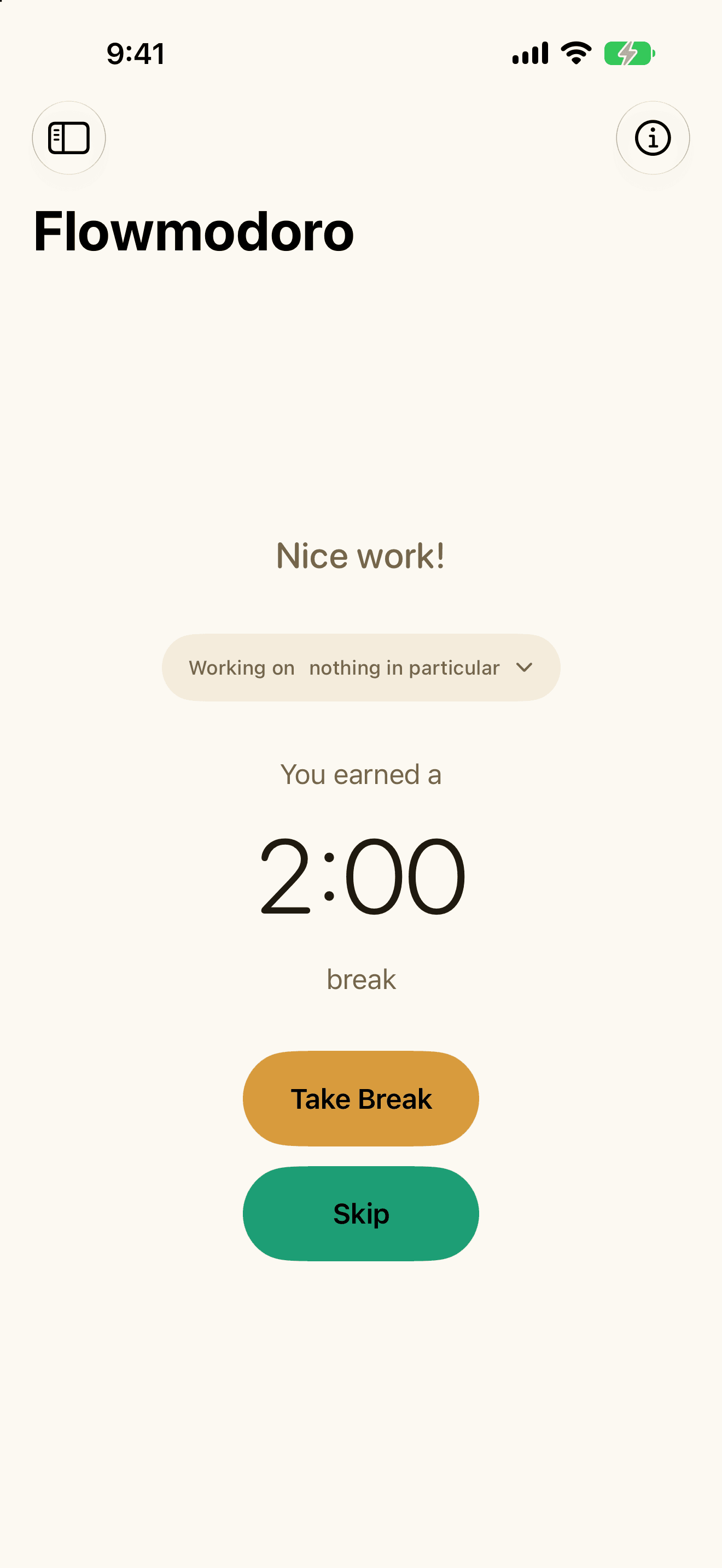 Quartz on iPhone offering the break a Flowmodoro session earned — Nice work!, then You earned a 2:00 break, with buttons to take the break or skip it