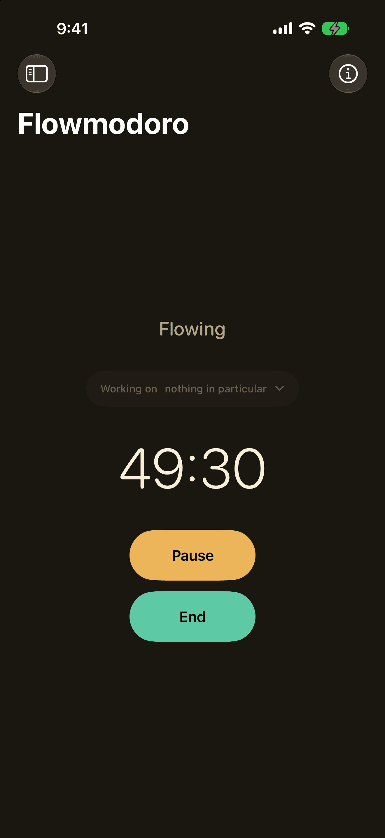 A Flowmodoro session running on iPhone, labelled Flowing and counting up to 10:35, with Pause and End beneath it