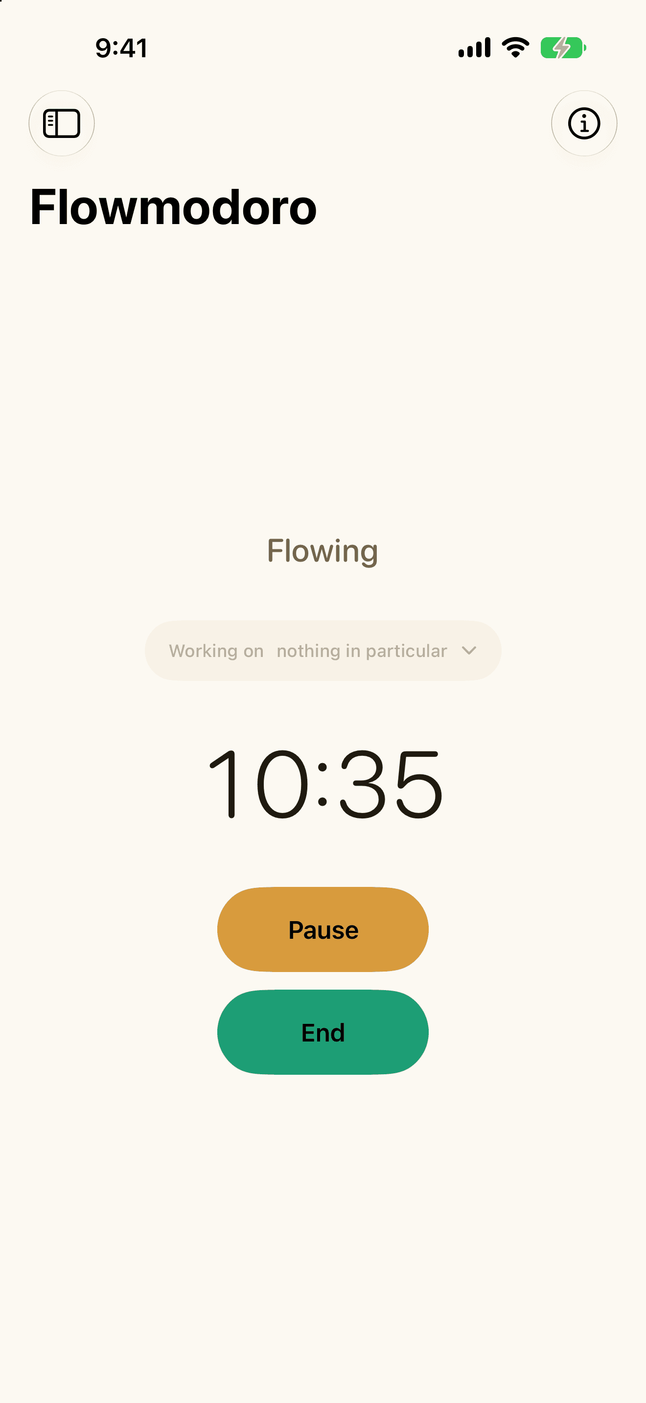 A Flowmodoro session running on iPhone, labelled Flowing and counting up to 10:35, with Pause and End beneath it