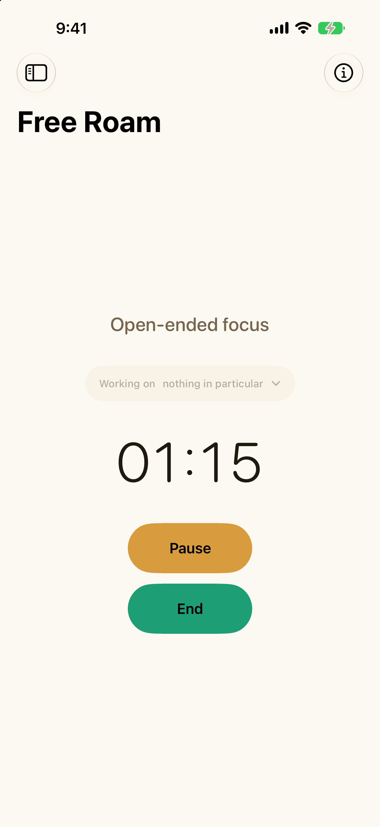 Free Roam running on iPhone: an open-ended timer counting up, reading 01:15 under the words Open-ended focus, with Pause and End beneath it