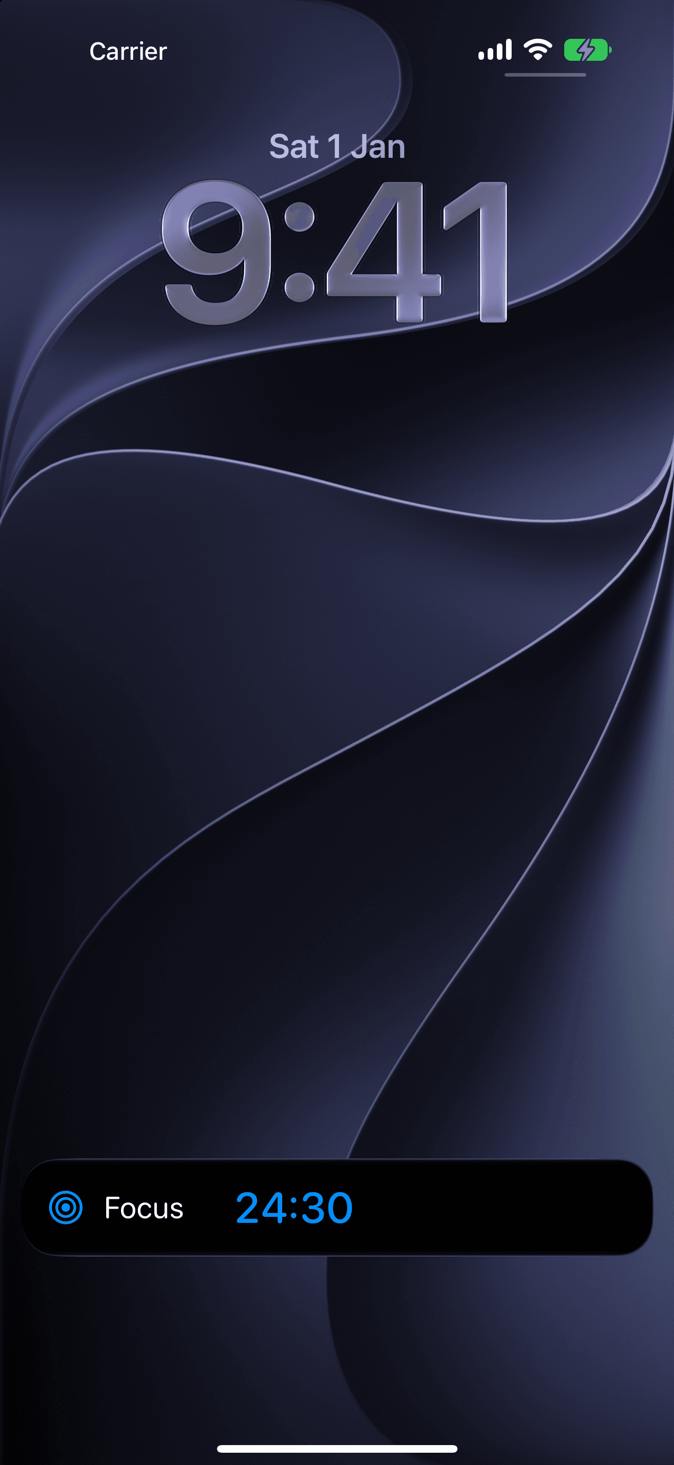 An iPhone Lock Screen with a Quartz Live Activity along the bottom, showing a Focus session with 24:30 remaining