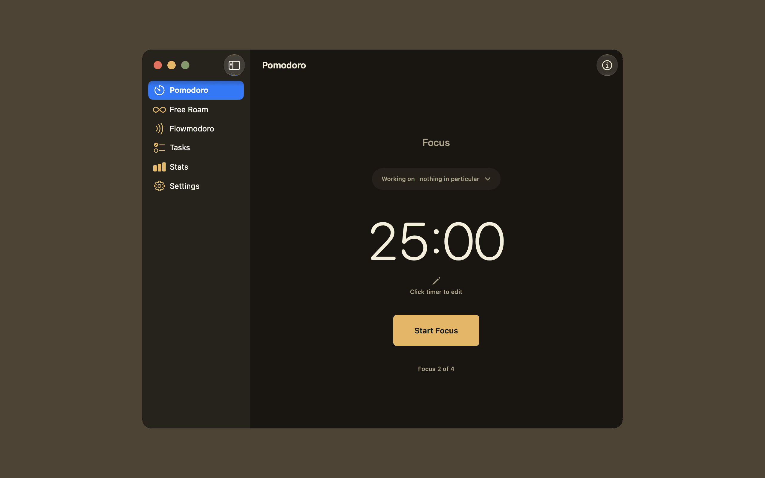 The Quartz window on macOS, its sidebar of modes beside a 25:00 Pomodoro waiting to be started
