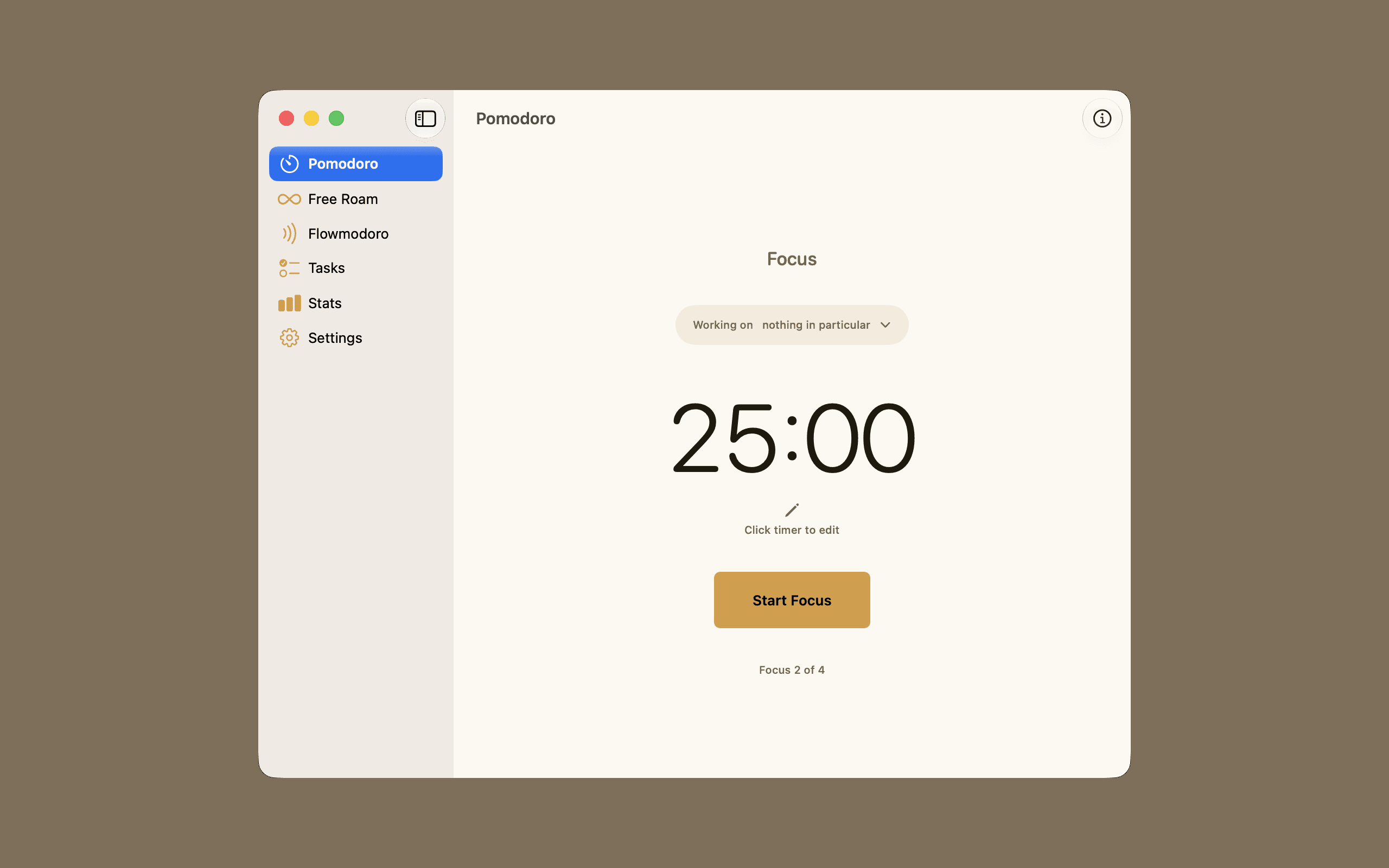 The Quartz window on macOS, its sidebar of modes beside a 25:00 Pomodoro waiting to be started