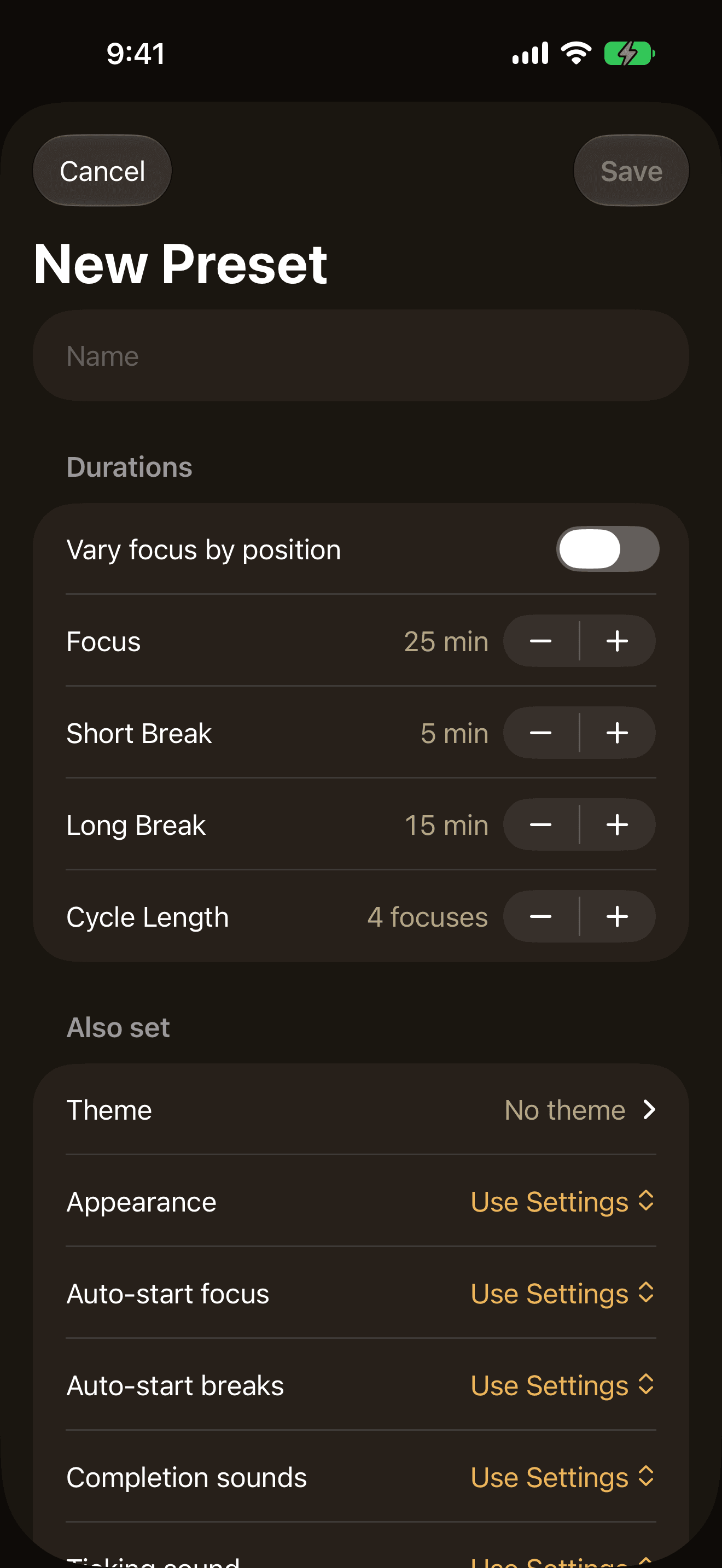 The New Preset editor on iPhone: a name field, focus and break durations, and an Also set section carrying a theme, an appearance and auto-start rules