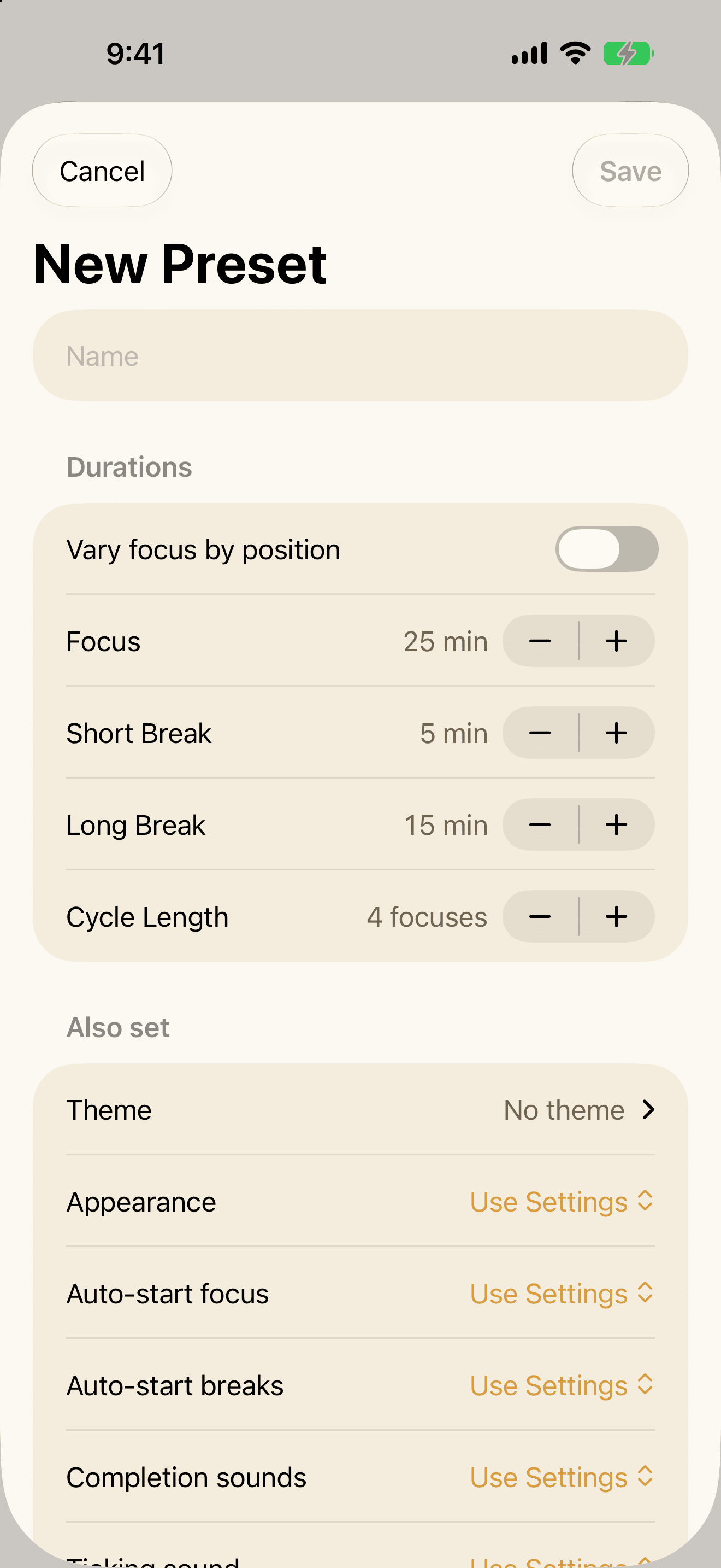 The New Preset editor on iPhone: a name field, focus and break durations, and an Also set section carrying a theme, an appearance and auto-start rules