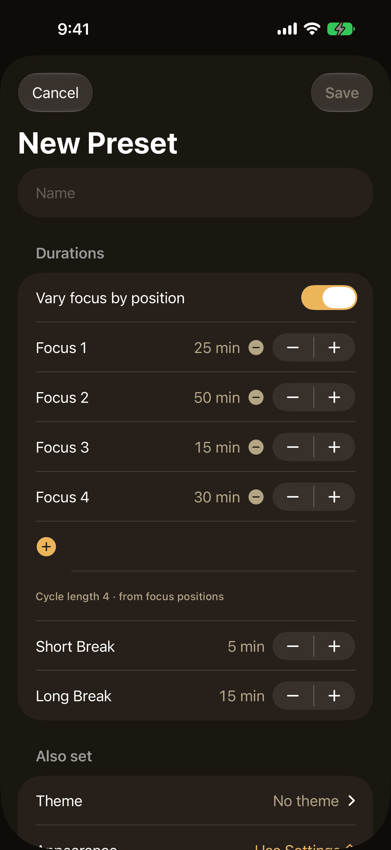 The New Preset editor on iPhone with Vary focus by position turned on, giving one cycle four focuses of 25, 50, 15 and 30 minutes