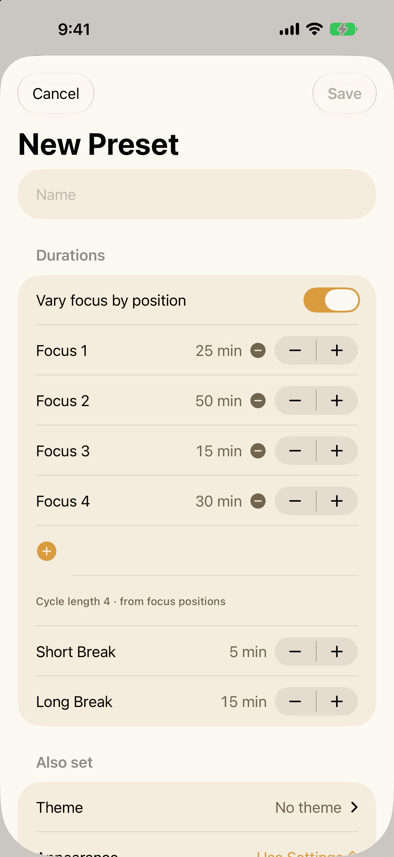 The New Preset editor on iPhone with Vary focus by position turned on, giving one cycle four focuses of 25, 50, 15 and 30 minutes