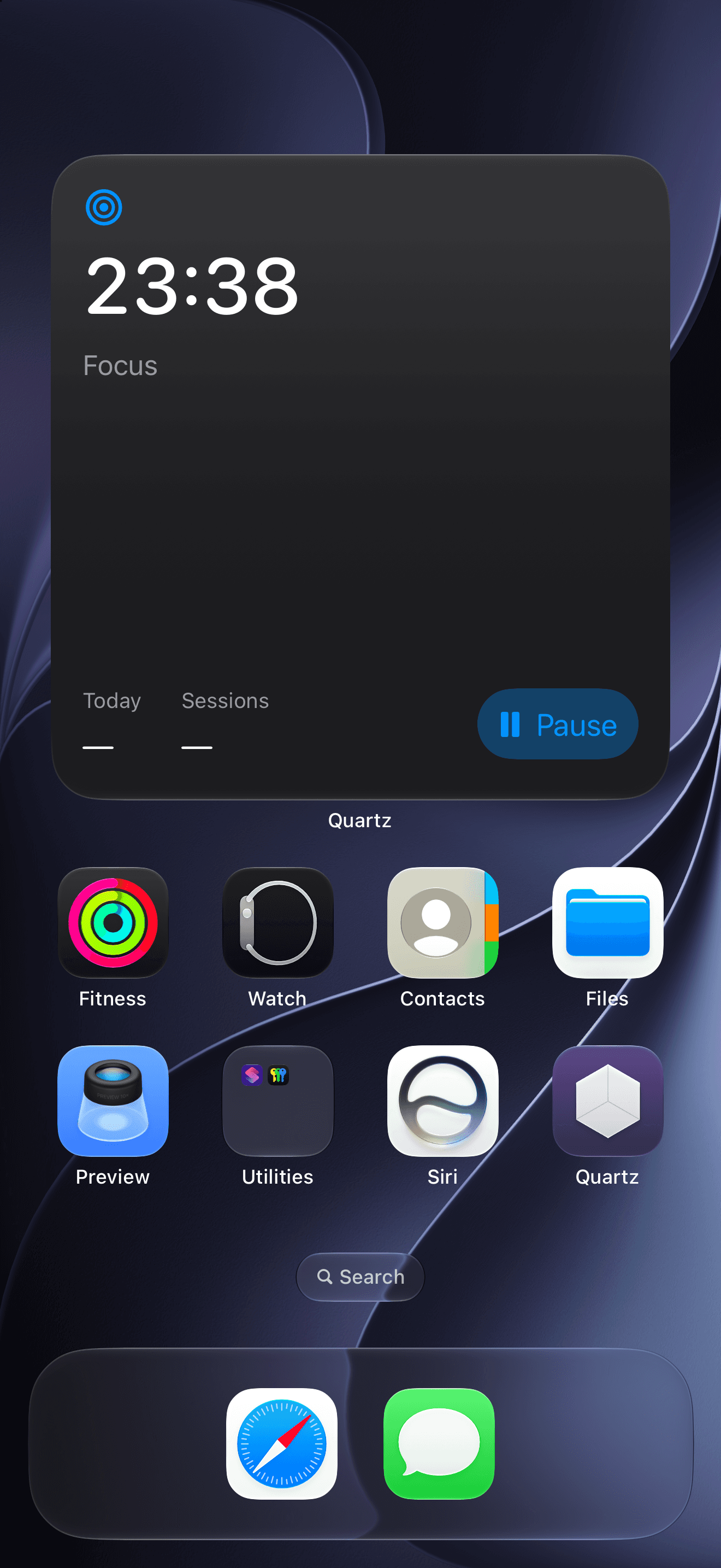 The Quartz widget on an iPhone Home Screen, showing 23:38 left in a Focus session above Today and Sessions totals and a Pause button